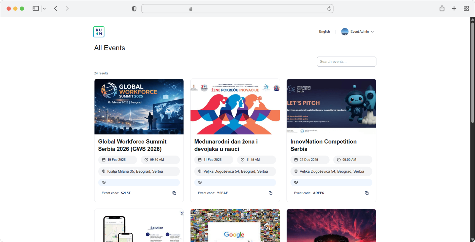 The events page after successful Google login
