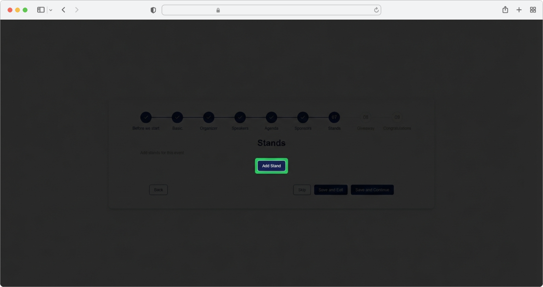Click the "Add stands" button to begin adding your first stand