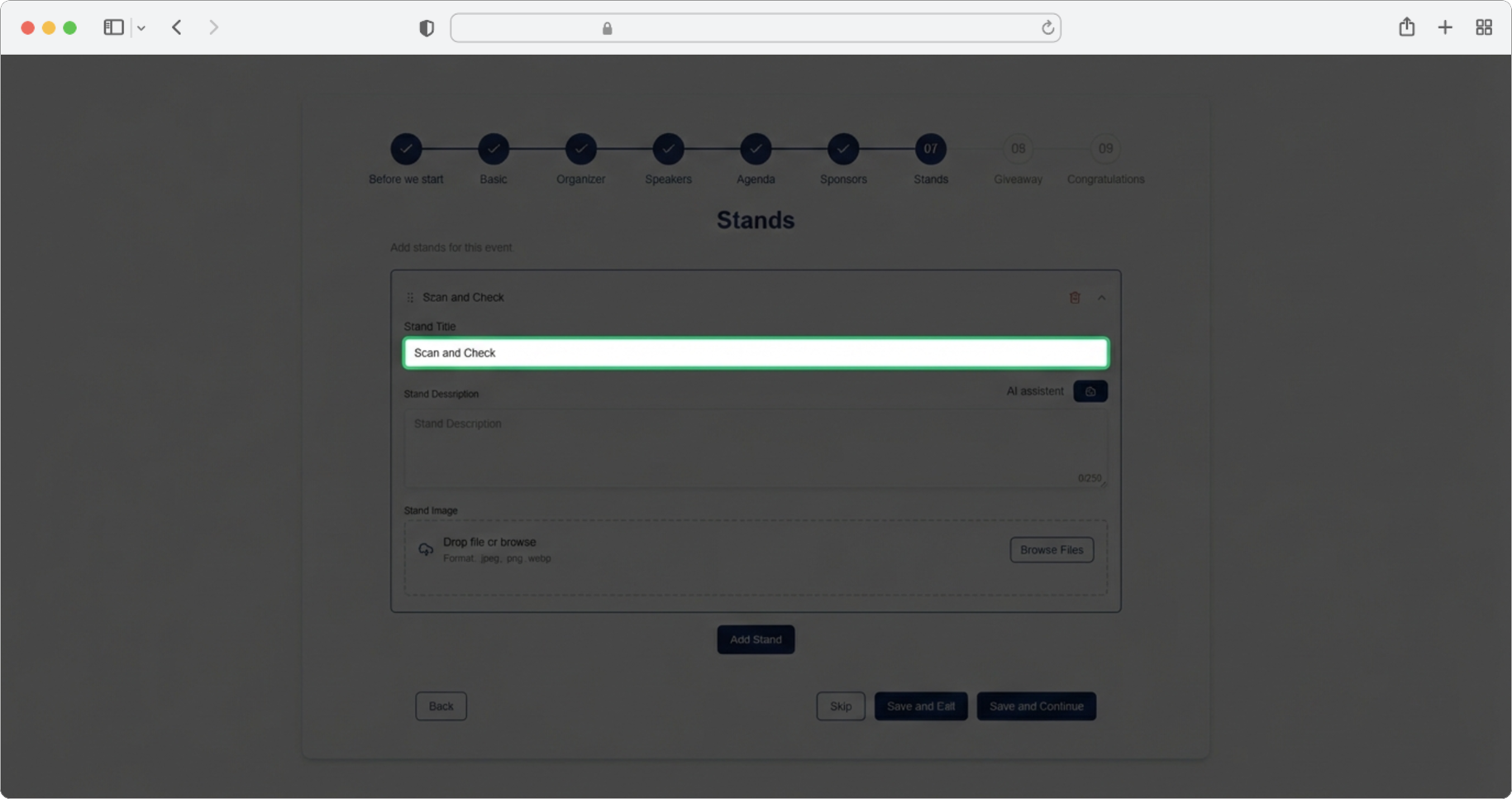 Click inside the "Stand title" text field and type the name of your stand